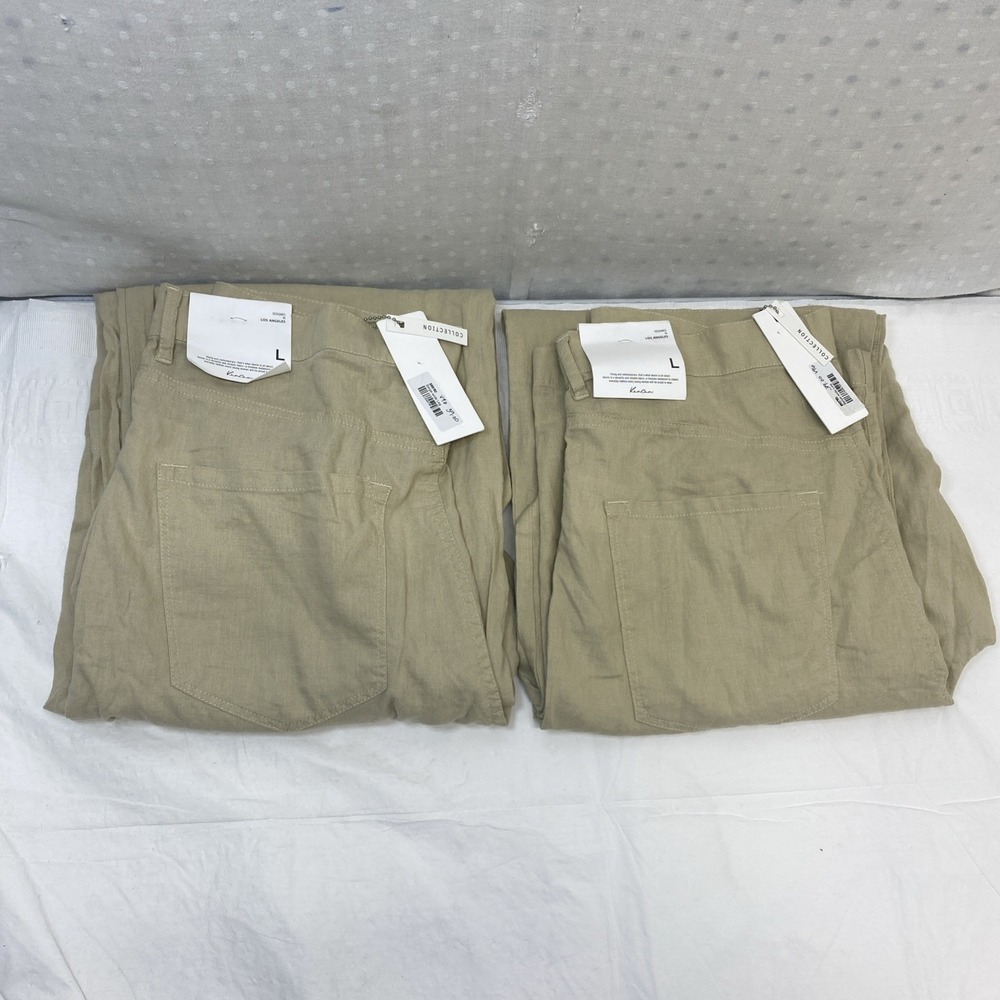 2 Kancan Women's Wide Leg Linen Blend Pants Beige High Rise Sz‎ L Coastal Preppy